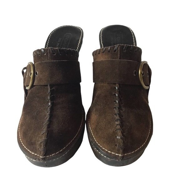 Coach Katryna Brown Suede Fringe Buckle Mules 7B - Picture 4 of 9